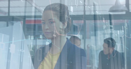 Image of financial data processing over caucasian businesswoman