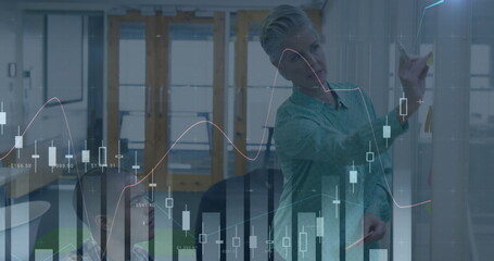 Image of financial data processing over caucasian businesswoman