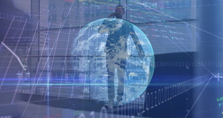 Image of financial data processing and globe over biracial businessman using smartphone