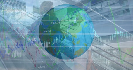 Image of financial data processing and globe over two diverse business people