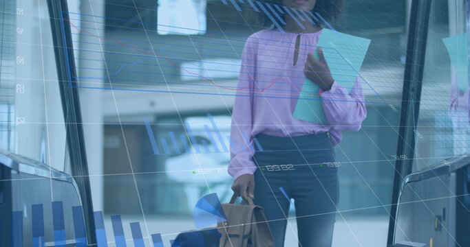 Image of financial data processing over african american businesswoman - Powered by Adobe