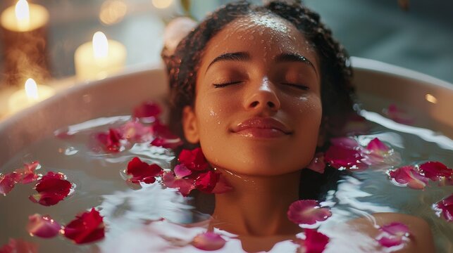 beautiful woman relaxing in a tub with flowers - Powered by Adobe