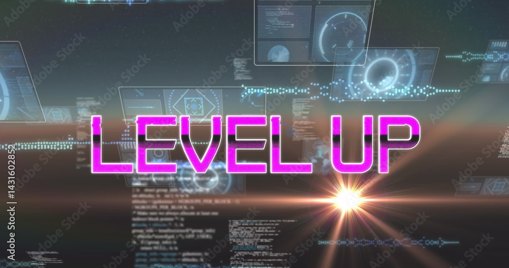 Poster image of level up text over scope scanning and data processing