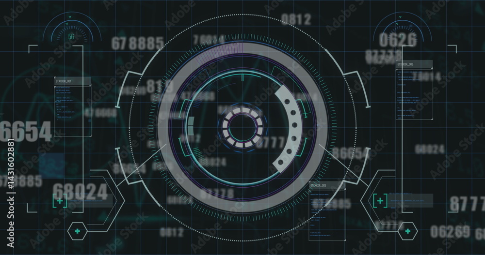 Poster round scanner and multiple changing numbers against data processing on black background