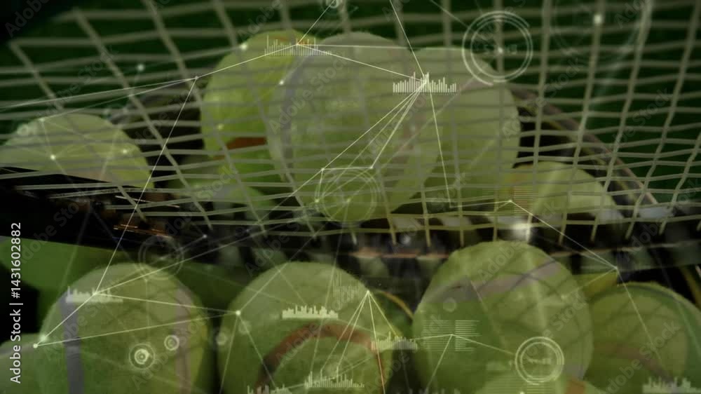 Poster animated 3d render showing cluster of green tennis balls aligning with network nodes overlay