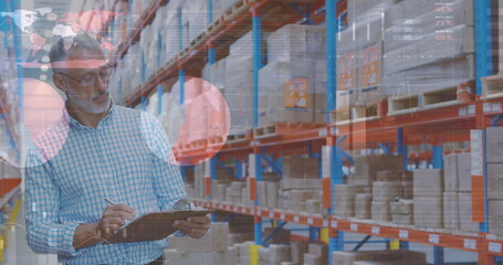 Image of financial data processing over biracial warehouse worker