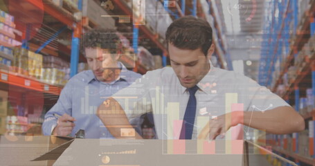 Image of financial data processing over two caucasian warehouse worker