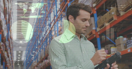 Image of financial data processing over caucasian warehouse worker