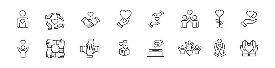 Charity icon set. Donation vector set. Humanitarian aid sign. Human care and support line icons. Non-profit money donation sign. Volunteering isolated icon set.