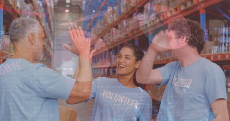 Image of financial data processing over three diverse warehouse worker