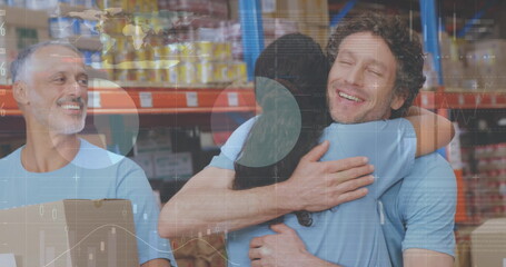 Image of financial data processing over three diverse warehouse worker