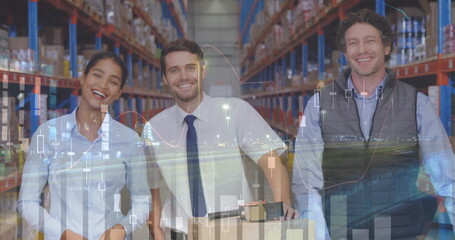 Image of financial data processing over three diverse warehouse worker