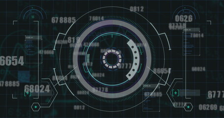 Round scanner and multiple changing numbers against data processing on black background