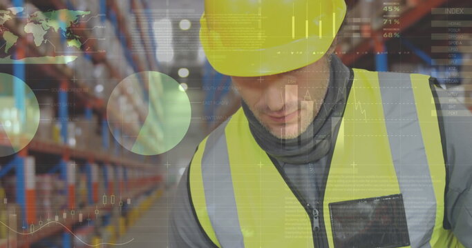 Image of financial data processing over caucasian warehouse worker