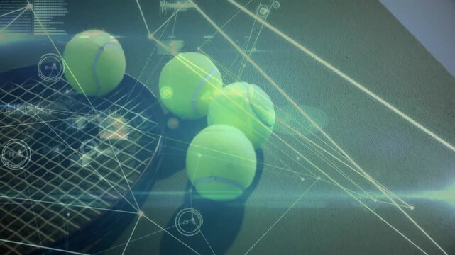Five neon tennis balls gliding near tennis racket head across court showing digital network overlay - Powered by Adobe
