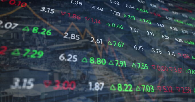 Composite image of stock market data processing against cityscape in background
