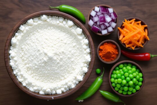 Wooden bowl filled with Handvo mix, including cottage cheese, carrots, red onions, peas, chilies on wooden table. Concept of Handvo, savory vegetable cake, showcasing vibrant ingredients.