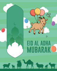 Fun Eid al Adha Mubarak Illustration with Flying Goat and Balloons, Silhouettes of Sacrificial Animals on Green Background
