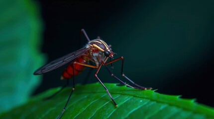 Mosquito Resting on Green Leaf in Natural Habitat
