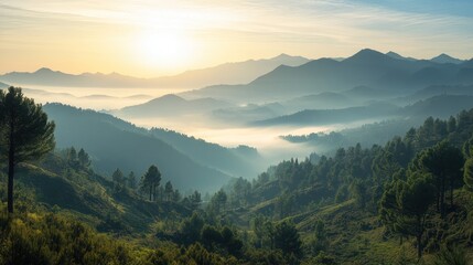 Sunrise over misty mountain valley, scenic landscape, travel poster