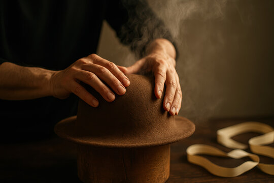 Hat Maker's Hands: A close-up shot showing the hands of a skilled artisan carefully shaping a brown felt hat, steam rising subtly from the material, hinting at the process of creation.