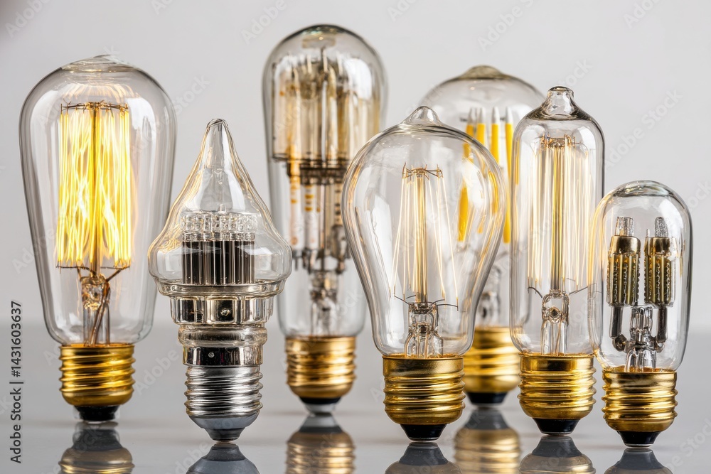 Poster a diverse collection of retro-style light bulbs with intricate filaments, showcasing various shapes 