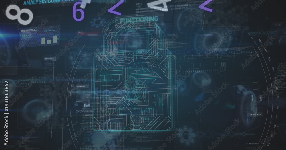 Poster image of digital interface with security padlock over dark background