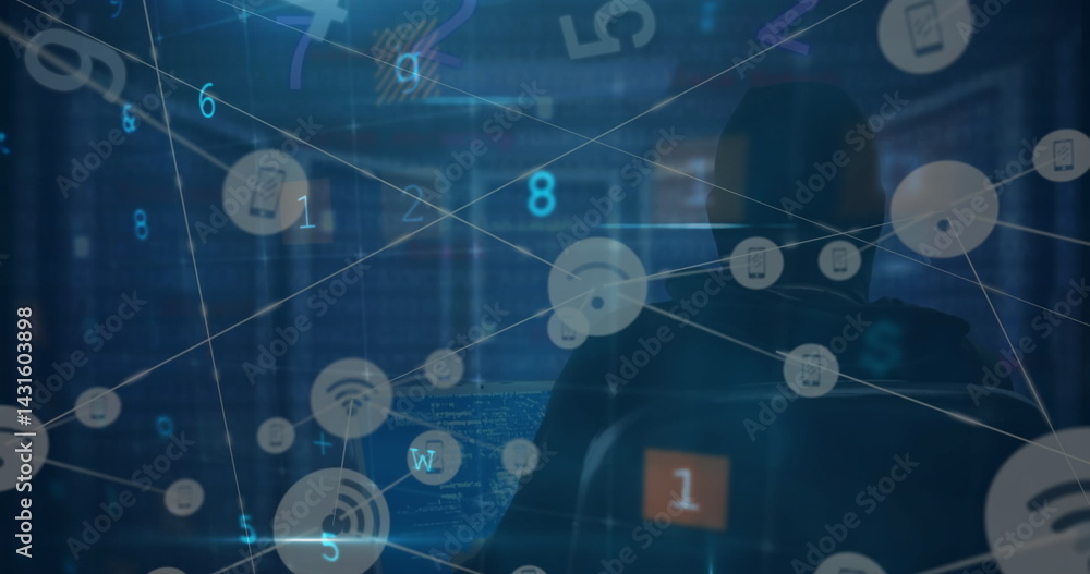 Poster image of digital interface and network of connections over hacker