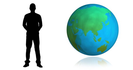 Image of man shadow and globe on white background