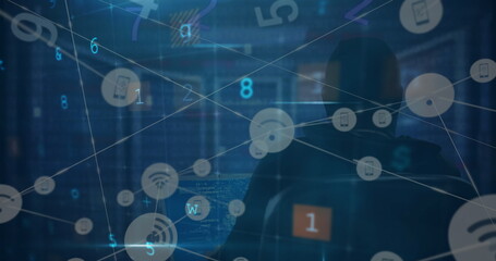 Image of digital interface and network of connections over hacker