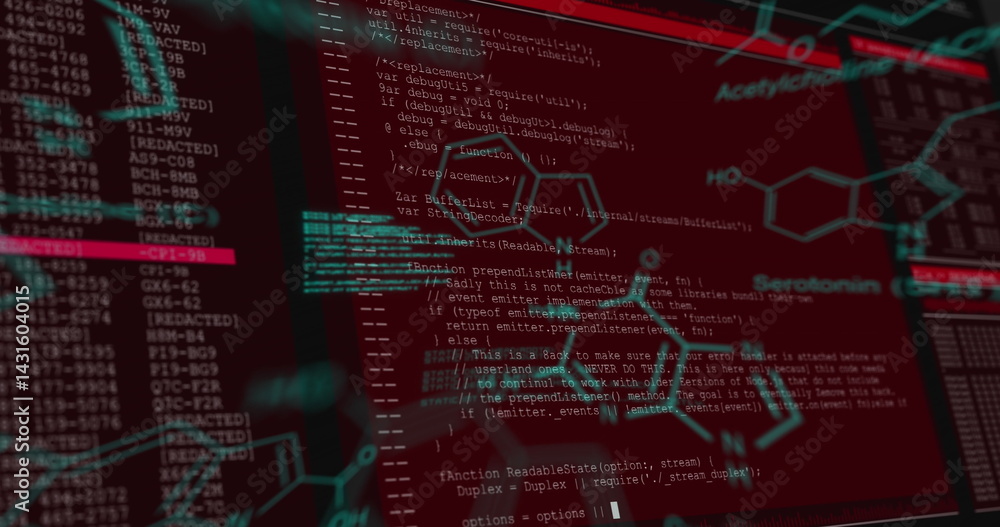 Poster image of data processing on screens over red background