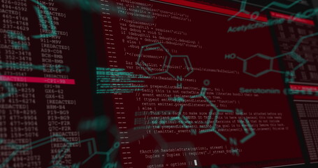 Image of data processing on screens over red background