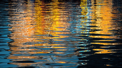 Abstract shimme reflections of golden and blue lights dance across the rippling surface of the water creating a mesmerizing and textured visual effect.