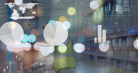 Image of data processing over caucasian male worker in warehouse