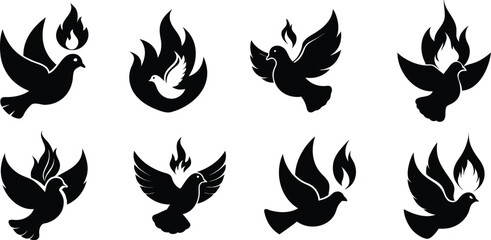 Black and White Dove with Flame Vector – Holy Spirit Pentecost Symbol Icon Set