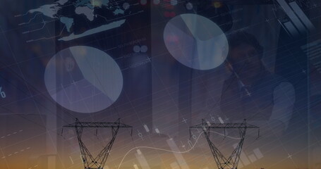 Image of financial data over electricity poles at sunset