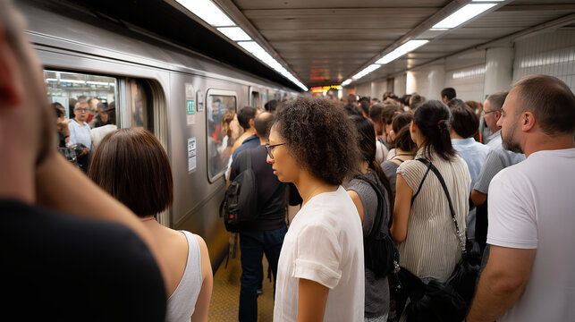 Crowded subway platform during morning rush hour with commuters