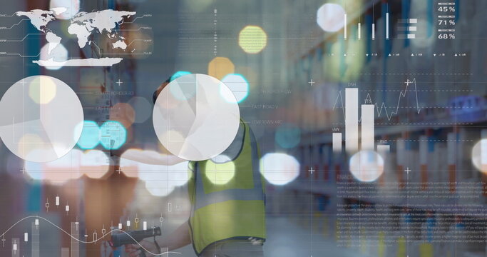 Image of data processing over caucasian male worker in warehouse