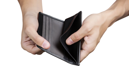empty black wallet-in male hands isolated on white background PNG. GENERATIVE AI