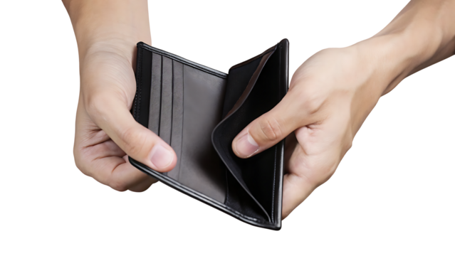 empty black wallet-in male hands isolated on white background PNG. GENERATIVE AI