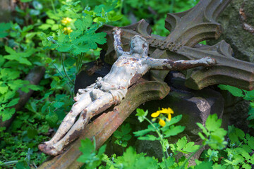 Historic Statue on the spring mystery old Prague Cemetery, Czech Republic 