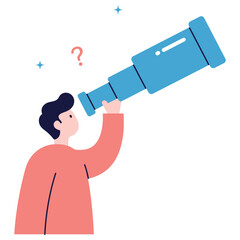 Obraz premium Vector Illustration Curious Person Exploring with a Telescope, Seeking Answers