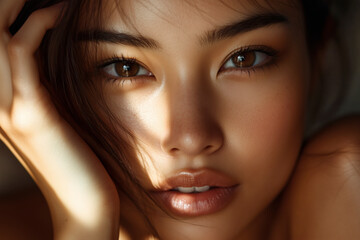 Close up beauty portrait in warm sunlight