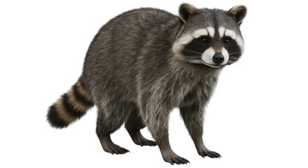 Fototapeta premium A curious raccoon gazes forward, its ringed tail visible, on a black background