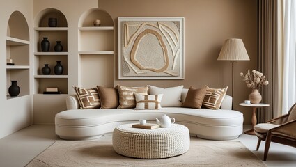 Stylish Living Room with Soft Tones and Arched Built-ins