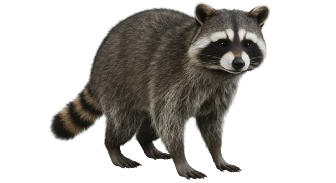 A curious raccoon gazes forward, its ringed tail visible, on a black background