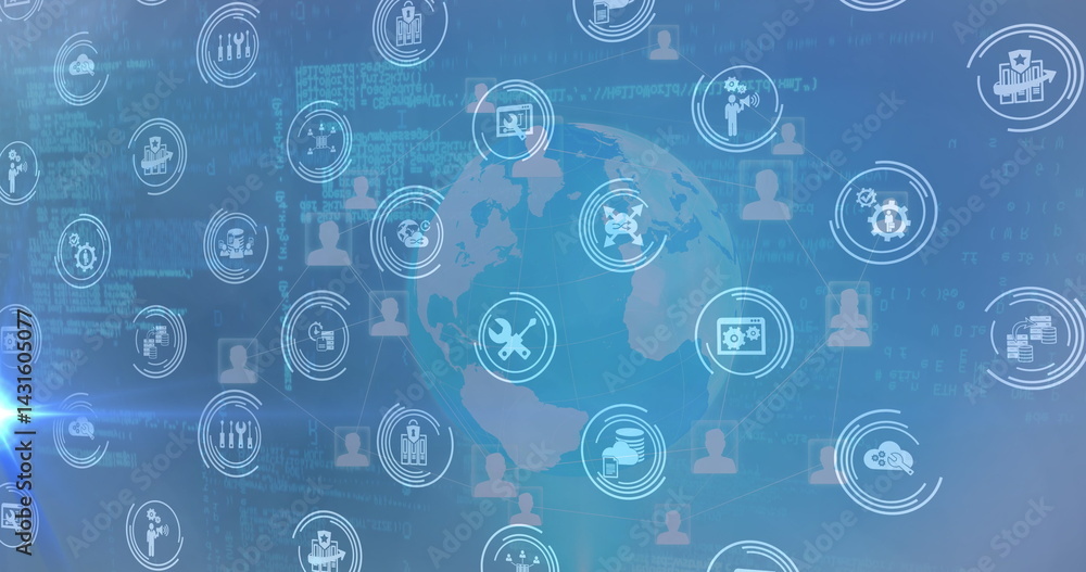 Poster image of icons over globe and data processing on blue background