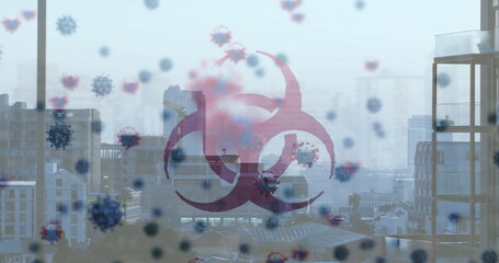 Showing urban skyline at high-rise balcony featuring red biohazard symbol overlay with virus icons