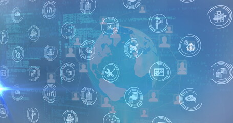 Image of icons over globe and data processing on blue background