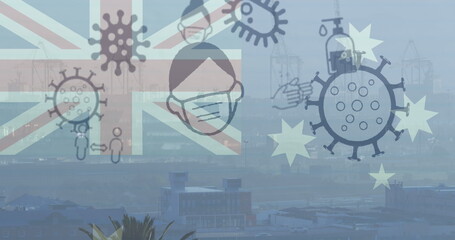 Floating stylized virus illustration in hazy port, with UK and Australian flags and hygiene icons